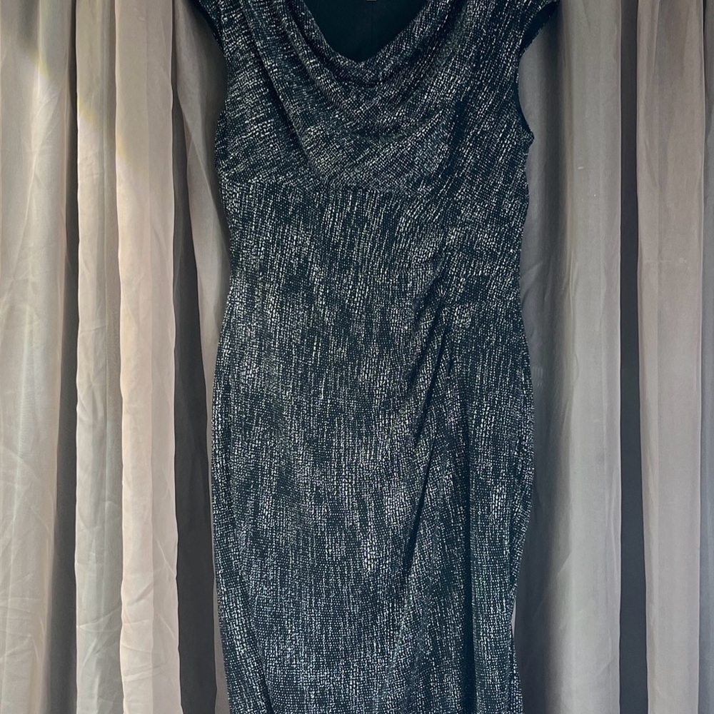 Anne Klein Black Silver Metallic Cowl Neck Cocktail Sheath Dress Size 4